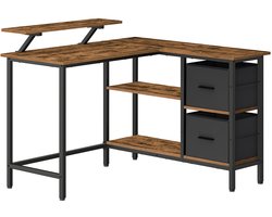 Bureau, L-vormig bureau, werktafel, met 2 ruime lades, verstelbare standaards en 2 verstelbare opbergrekken, stevig metalen frame, geschikt voor thuiskantoor, 105 x 115 x 89,5 cm, bruin + zwart.