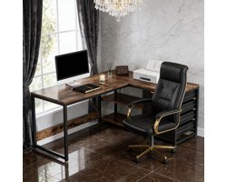 Bureau - L Vormig Hoekbureau Met 4 Lades En 2 Niveaus Opbergrek - Voor Thuiswerkplek En Kantoor - Metaal En Hout - 150x110x75 Cm - Zwart Bruin