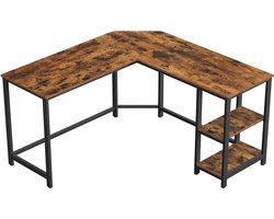 bureau, L-vormige computertafel, hoekbureau met 2 planken, ruimtebesparende kantoortafel in industrieel design, gaming, eenvoudige structuur, vintage bruinzwart LWD72X