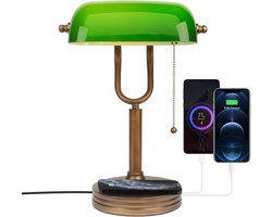 Bureau Lamp met Groene Glazen Kap - Bankers Lamp Klassiek - Retro Tafellamp met Draadloze Oplader - USB Oplaadpoort - Bedlamp met Oplaadfunctie - Antiek Metaal - Messing Trekschakelaar - Vintage Tafelverlichting