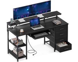 Bureau Met 4 Laden - Computertafel Met 2 Stopcontacten En 2 USB Oplaadpoorten - Pc Tafel Met Plank - Gamingtafel Met Toetsenbordlade Voor Kantoor - Woonkamer - Zwart - 140 X 52 X 92 Cm
