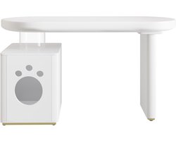 Bureau met Huisdierbed – 117 × 50 × 76 cm, volledig gelakt, afgeronde hoeken, 5 cm dikke poten, stabiel en modern, wit Frans design, Maten huisdier: M–XL