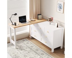 Bureau met lade - 2-in-1 draaibaar werkstation en zijkast - 360° draaibaar tafelblad - wit/houtkleur - kaptafel - L-vormig hoekbureau