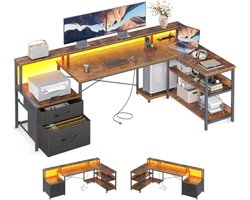 Bureau Met Laden - 189,3 × 100 cm - Groot Omkeerbaar Hoekbureau Met 2 USB-Oplaadpoorten En Stopcontacten - Gaming-Bureau Met LED - L-Vormig Bureau Voor Thuis En Kantoor - Vintage Bruin