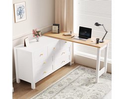 Bureau met Lades - Dressoir Tafel - Thuiswerken Opbergen - 360 Graden Draaibaar - 120x40x70cm - Wit Eiken