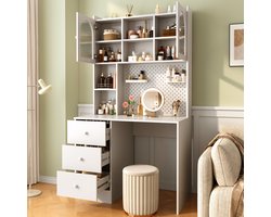 Bureau Met Opzetkast En 3 Lades - Modern Ruimtebesparend Ontwerp Met Bord En Vitrines - Voor Studie En Thuiswerk - Wit MDF - 100 X 55 X 180 Cm