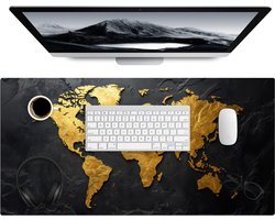 Bureau onderlegger 80x40 cm - Wereldkaart - Goud - Steen - Muismat XXL - Bureau mat - Muismatten groot
