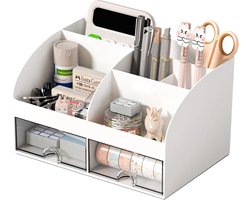 Bureau organisator met 6 compartimenten en 2 laden, plastic make-up organisator, penhouder voor desktop opslag, bureau organisatie voor school, thuis, kantoorbenordenen (wit)