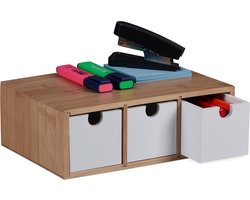 bureau organizer - bamboe - met 3 lades - 9 x 26 x 18 cm - naturel/wit