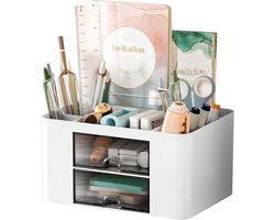 Bureau-organizer - Cosmetica-organizer - Opbergdoos - Multifunctionele pennenhouder - Bureau-organizer met 5 vakken, 2 lades, gemaakt van kunststof - Geschikt voor kantoren - thuis en scholen