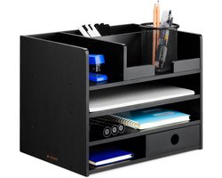 Bureau Organizer Hout met Lade - 33 x 24 x 26 cm - Ideaal voor Kantoorartikelen en Documenten - Milieuvriendelijk Bamboe