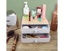 Bureau-organizer in houtlook met 2 witte laden - Kaptafel-organizer van PP-kunststof - Bureau-organizer voor kantoorbenodigdheden, pennen, huishoudgerei en cosmetica-opslag