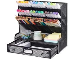 bureau organizer - Mesh - Roestbestendig - Gepoedercoat - 9 compartimenten - met lade - 26,8D x 15B x 25,8H centimeter - Tafelbladmontage - Zwart
