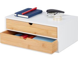 Bureau organizer met 2 lades bamboe MDF mini ladekast wit natuurlijk 14 x 33 x 21 cm. bureau organizer