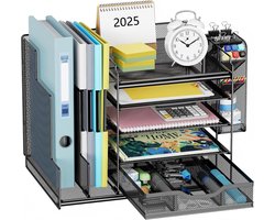 Bureau Organizer met 5 Lagen, Lade en Pennenhouder – Metalen Bureau Opberger met Verticale Mappenhouder – Documentenrek, Schrijfwaren Organizer, Desktop Organizer voor Kantoor, Thuis en School – Zwart