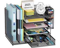 Bureau Organizer met 5 Lagen, Lade en Pennenhouder – Metalen Bureau Opberger met Verticale Mappenhouder – Documentenrek, Schrijfwaren Organizer, Desktop Organizer voor Kantoor, Thuis en School – Zwart