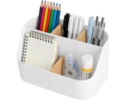 Bureau Organizer met 5 Vakken - Wit & Bamboe - Verwijderbare Verdelers - Multifunctionele Penhouder & Make-up Organizer - Bureau-Accessoires voor Kantoor en Thuis