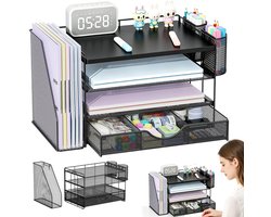 Bureau Organizer met Lade - Pennenbak & Schuiflade - Brievenbak - Pennenhouder - Documenthouder - 32,7x21,8x23,4 cm - 4 Lagen - Metaal Mesh - Ruimtebesparend - Desk Organizer - Voor A4 & Kantoorartikelen