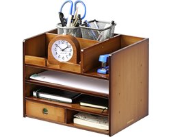 Bureau Organizer - Opberger Kastje - Werkplek Opruimen - Natuurlijk Bamboe Hout - 33 x 24 x 26 cm - Donkerbruin