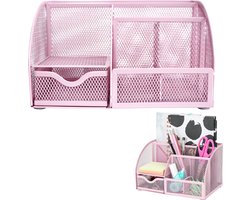 Bureau-organizer - pennenhouder en organizer - bevat 6 compartimenten, 1 lade - metalen gaas bureau-organizer met antislip EVA-pad - roze bureaudoos - 8,7 x 5,5 x 5 inch
