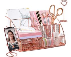 Bureau Organizer - Roze Gouden Bureau Organizer met Telefoonhouder, Pennenhouder, Cosmetica Organizer en Opbergdoos voor School, Thuis en Kantoor - Metalen Bureau Accessoires