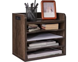 Bureau-organizer van hout, documentplank, A4, archiefmagazijnhouder boeken, papieren brievenaccessoires, verzamelaar, met 5 vakken, 3 verstelbare mappenplanken, voor school, kantoor, grijs