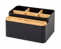 Bureau Organizer Zwart met Bamboe Verdelers – Desk Organizer voor Pennen en Bureau Accessoires – 18 x 16 x 10 cm