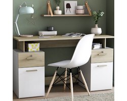 Bureau Pleun 2 lades, 2 draaideuren en 2 opbergvakken-mat wit/donkergrijs - CBA - Bureau - Multicolor - Melamine; Spaanplaat