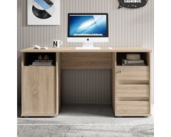 Bureau Primos 145cm met 3 lades & 1 deur - eik - Emob - Bureau - Bruin - Spaanplaat