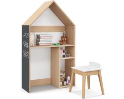 Bureau voor kinderen in huisvorm, kinderbureau met stoel en tafel en planken, kindertafel van hout, schrijftafel voor tekenen en lezen, 73 x 30 x 130 cm