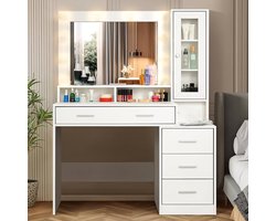 Bureau – Werkplek – Bureautafel – Computertafel – Meubel – Modern Design – 5 Lades & Spiegel – Glazen Blad 101x40x143 cm