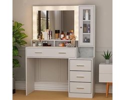 Bureau – Werkplek – Bureautafel – Computertafel – Meubel – Modern Design – 5 Lades & Spiegel – Glazen Blad 101x40x143 cm