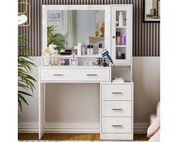 Bureau – Werkplek – Bureautafel – Computertafel – Meubel – Modern Design – 5 Lades & Spiegel – Glazen Blad 101x40x143 cm