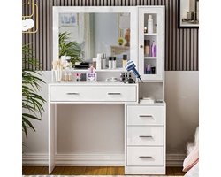 Bureau – Werkplek – Bureautafel – Computertafel – Meubel – Modern Design – 5 Lades & Spiegel – Glazen Blad 101x40x143 cm