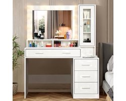 Bureau – Werkplek – Bureautafel – Computertafel – Meubel – Modern Design – 5 Lades & Spiegel – Glazen Blad 101x40x143 cm
