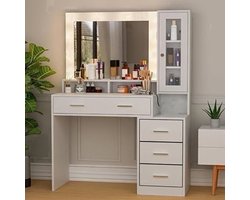 Bureau – Werkplek – Bureautafel – Computertafel – Meubel – Modern Design – 5 Lades & Spiegel – Glazen Blad 101x40x143 cm