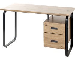 Bureau – Zwart staal met eiken MDF blad – Twee lades, modern ontwerp – 76 cm hoog, 120 cm breed, 60 cm diep