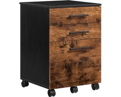 Bureaukast met 3 Lades - Industriële Dossierkast - Archiefkasten - Archief kast - Industriele Kast hout - Industrieel Kastje - Boekenkast - Kantoorkast Opbergkast - Mobiel met 5 Wielen - Bruin en Zwart - A4 en Hangmappen - Mobiele Kantoorkast