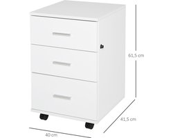 Bureaulade met 3 lades - opbergkast met wieltjes - houten - wit - 40 x 40 x 61,5 cm