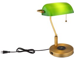 Bureaulamp Bankerlamp Tafellamp antiek messing glas groen Leeslamp, draadloos opladen USB-aansluiting, trekschakelaar, 1x E27, LxH 26,5x36 cm