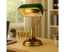 Bureaulamp Bankerlamp Tafellamp antiek messing glas groen Leeslamp, draaibare kap, trekschakelaar, 1x E27 fitting, LxH 26,5x36 cm