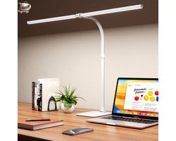 Bureaulamp LED - Dimbaar - Dubbele Lampenkop - 24W - 80 cm - 1500 Lumen - Tafellamp - Oogbescherming - 5 Kleuren - 5 Helderheidsniveaus - Voor Werk en Thuis - Kantoorlamp - Wit - Energieklasse F