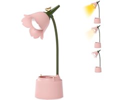 Bureaulamp LED Dimbaar - Pennenpotje Bureaulamp - 3 Kleuren licht - Leeslamp - Tafellamp - Bedlamp - Bureaulamp Led - Leeslamp Staand - Leeslampje voor Boek - Oogverzorgende leeslamp - Ouchsensor en flexibele arm - Voor meisjes en jongens - Roze