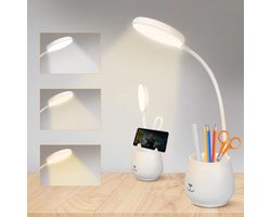 Bureaulamp met oogverzorgende led verlichting en telefoonhouder - USB-oplaadbaar leeslampje aanraakbediening - traploze helderheid 360 graden verstelbaar - thuiswerkplek