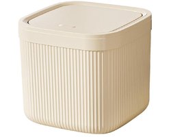 Bureauprullenbak - Prullenbak - Mini prullenbak - Kleine prullenbak met klepdeksel - Vierkante prullenbak met strepen - Deksel om te openen door te drukken - Geschikt voor bureaus, werkbanken, gootstenen, enz. - Beige