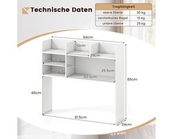 Bureaurek met 3 niveaus en 6 open planken – Verstelbaar tafelrek voor monitoren tot 81 cm | Wit hout voor thuis en kantoor