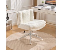 Bureaustoel - 67 cm Breed - Draaibaar & Metalen Basis - Verstelbaar - Imitatiebont - Crème