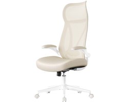 Bureaustoel, bureaustoel, draaistoel, ergonomische rugleuning en hoofdsteun, met opklapbare armleuningen en dikke ademende comfortabele zitting, stevig metalen onderstel, in hoogte verstelbaa 71x71x(111-119) cm, beige