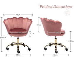 Bureaustoel Casa Velluto Velvet Petal Luxe Draaistoel – Roze Fluweel – Gouden Metalen Poten – In Hoogte Verstelbare Bureau Stoel – Make-Up Stoel / Kaptafel Stoel – Moderne Design Computerstoel