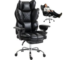 Bureaustoel - Directiestoel - Computerstoel - Zwart PU Leer - 180 kg - Met Pocketvering, Voetsteun & 135° Verstelbare Rugleuning - Extra Groot & Hoog